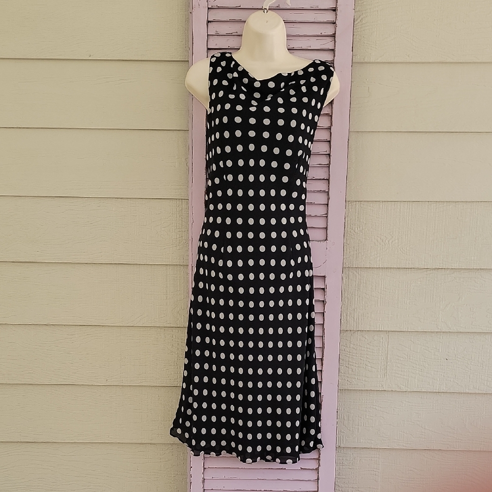 Vtg 💗 RONNI NICOLE Sleeveless Shift Polka Dot Lined Dress Black & White 12